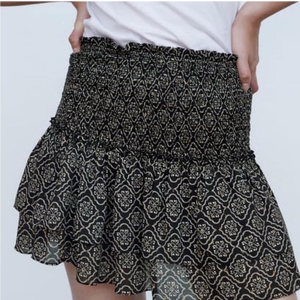 Zara Black and cream Mini Skirt with metallic gold details